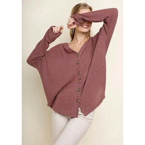 Umgee Womens Sz 1XL Fleece Waffle Knit Button Front Cardigan Sweater Berry Pink